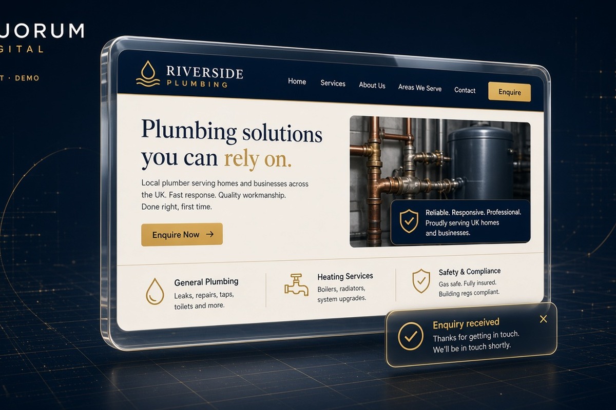 Concept demo of a Riverside Plumbing site with an enquiry-received confirmation.
