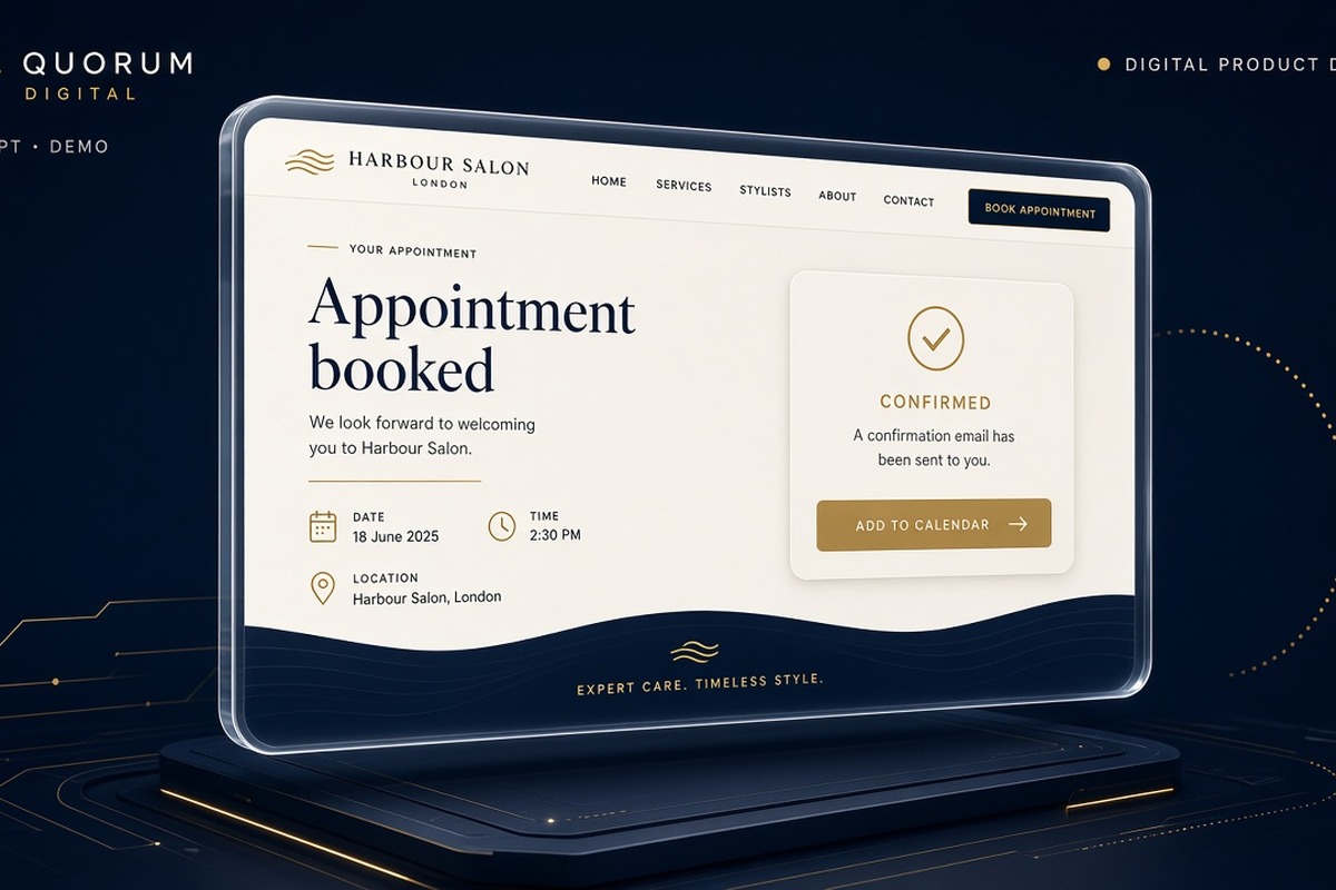 Concept demo of a Harbour Salon booking confirmation screen.