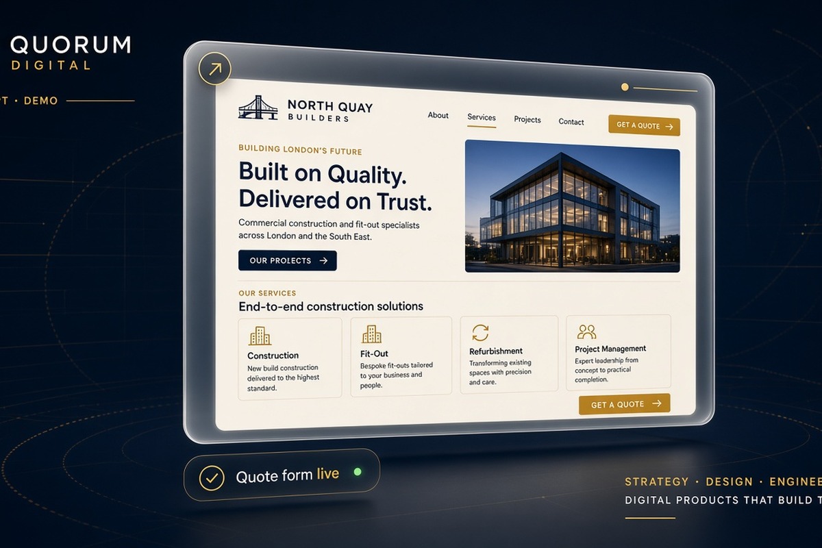 Concept demo of a North Quay Builders site with a live quote form chip.