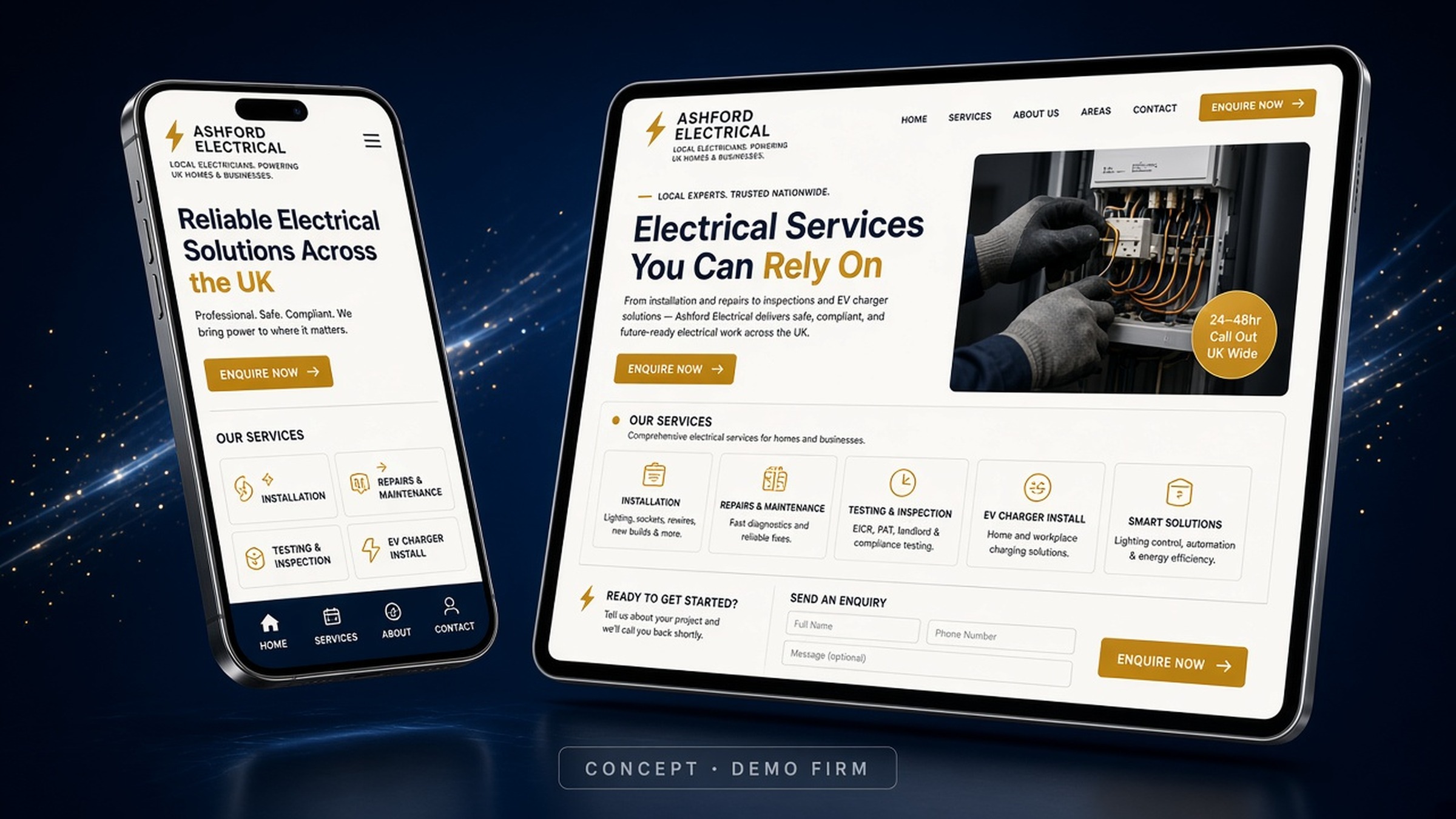 Concept demo of Ashford Electrical website on smartphone and tablet in navy and gold.