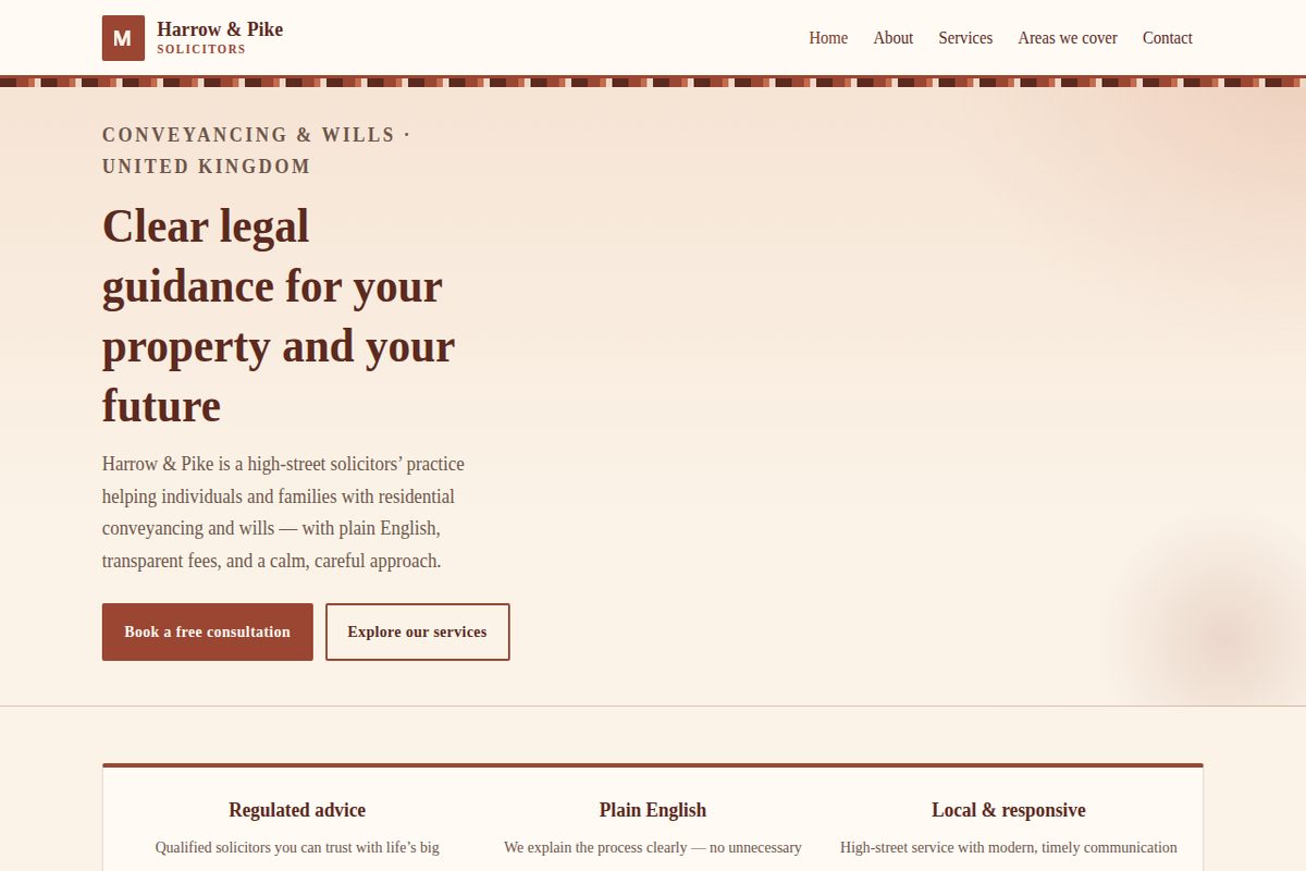Harrow and Pike sample home page in terracotta and cream